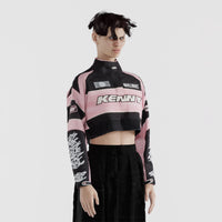 Thumbnail for veste de moto crop top futuriste avec motifs squelettes